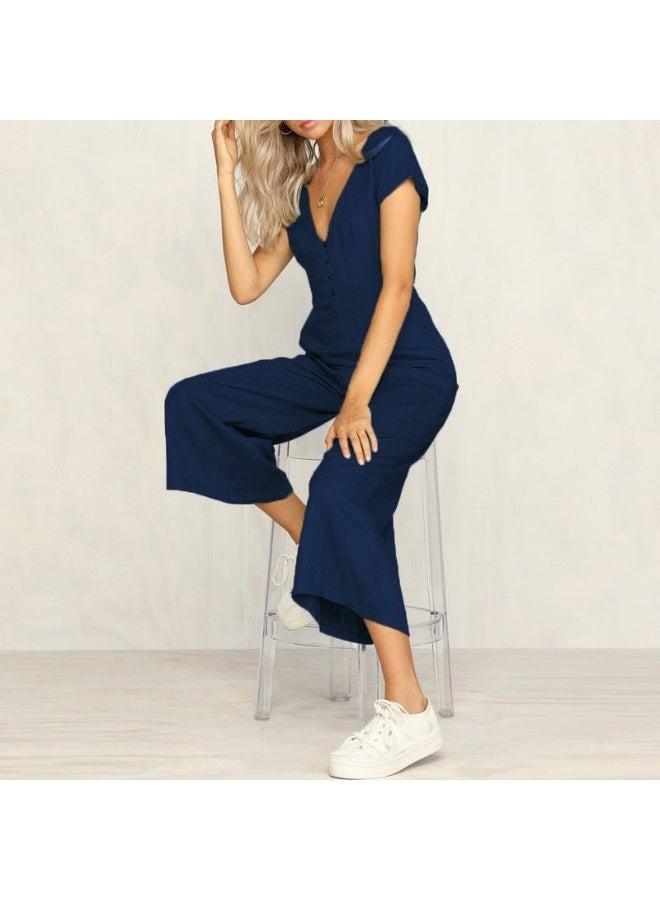 Barbora Linen Daily Summer V-Neck Short Leg Design Women's Jumpsuit LN1010LACIVERT9 - Image 2